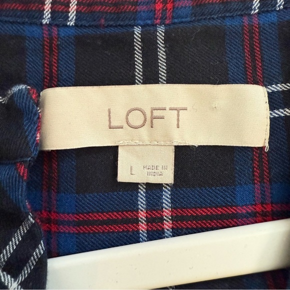 Loft Black Tartan Plaid Split Neck Long Balloon Sleeve Tunic Top Size Large - Picture 6 of 12